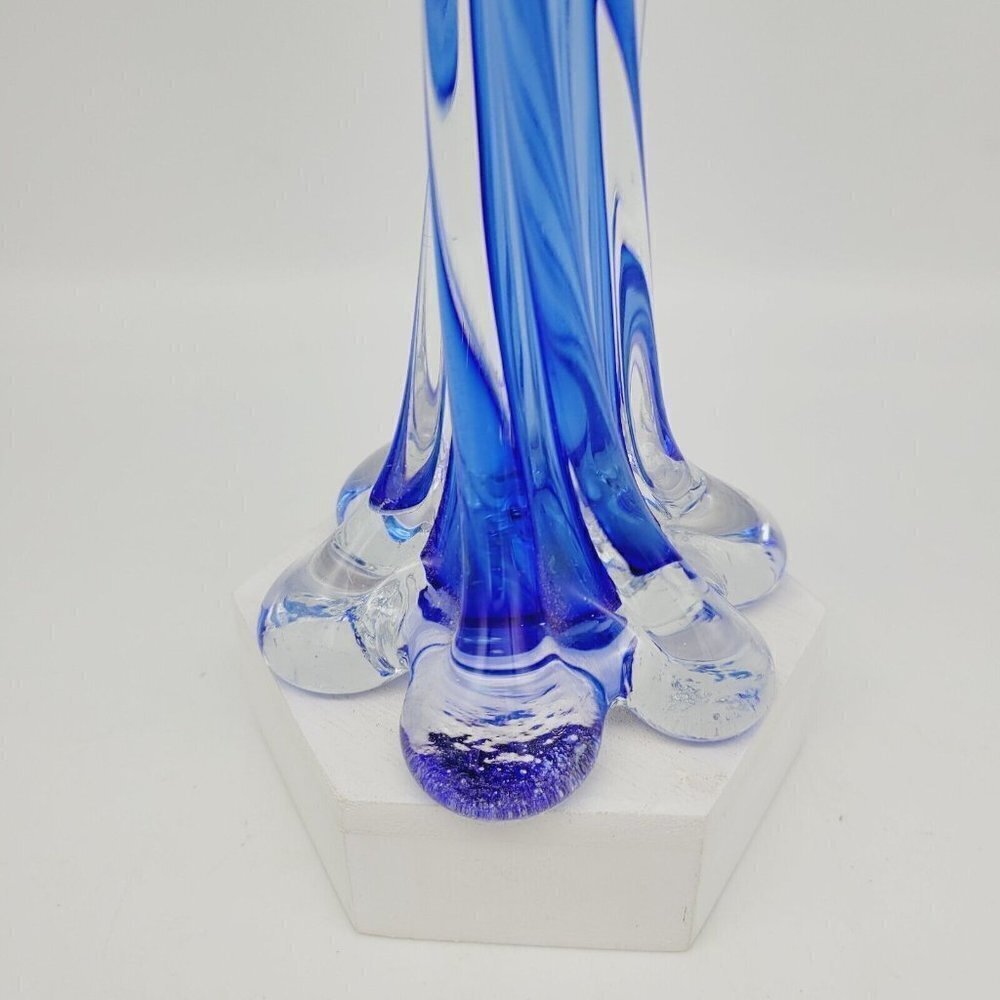 Vintage Cobalt Blue Encased Twisted Blue Art Glass Vase Elephant Foot Base 11.5" - Picture 2 of 7